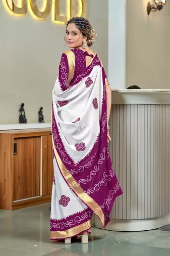 Purple soft pure cotton bandhani printed saree with printed blouse piece