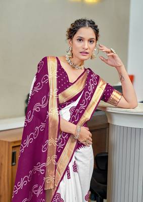 Purple soft pure cotton bandhani printed saree with printed blouse piece 3