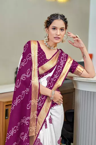 Purple soft pure cotton bandhani printed saree with printed blouse piece