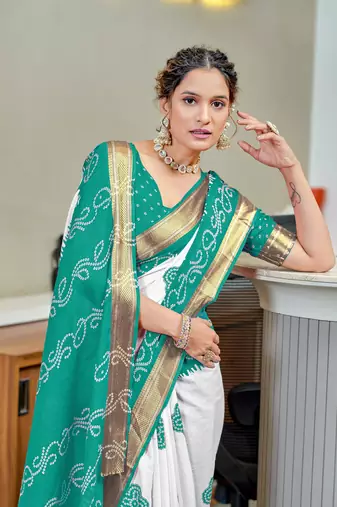 Teal soft pure cotton bandhani printed saree with printed blouse piece