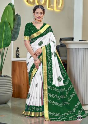 Green soft pure cotton bandhani printed saree with printed blouse piece 1