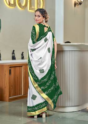 Green soft pure cotton bandhani printed saree with printed blouse piece 2