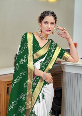 Green soft pure cotton bandhani printed saree with printed blouse piece 3