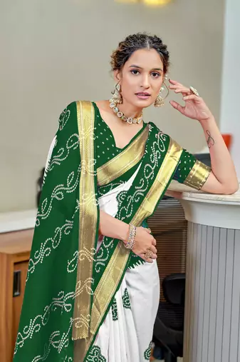 Green soft pure cotton bandhani printed saree with printed blouse piece