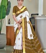 Olive soft pure cotton bandhani printed saree with printed blouse piece