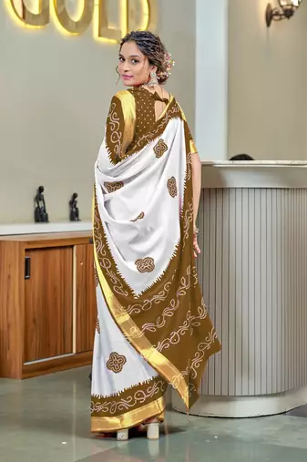 Olive soft pure cotton bandhani printed saree with printed blouse piece