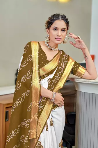 Olive soft pure cotton bandhani printed saree with printed blouse piece