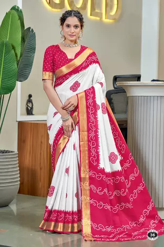 Pink soft pure cotton bandhani printed saree with printed blouse piece