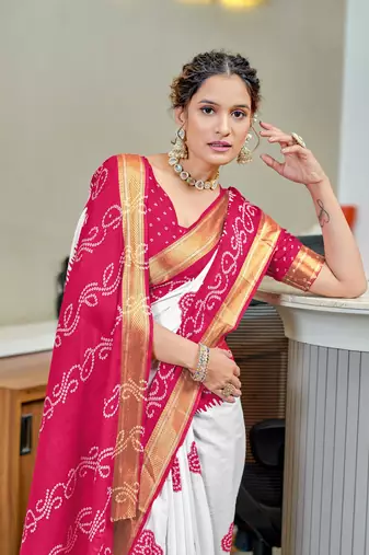 Pink soft pure cotton bandhani printed saree with printed blouse piece