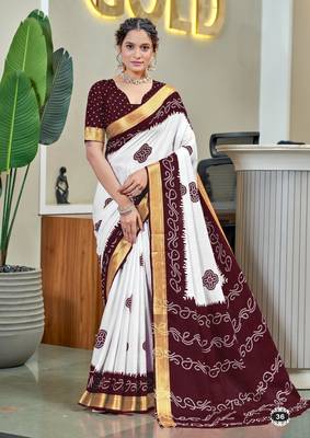 Brown soft pure cotton bandhani printed saree with printed blouse piece 1