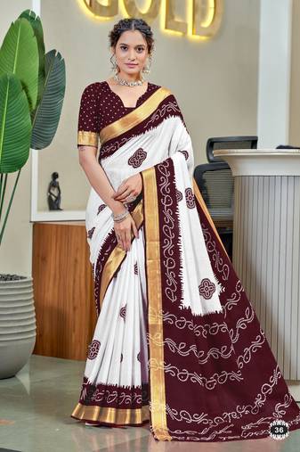 Brown soft pure cotton bandhani printed saree with printed blouse piece
