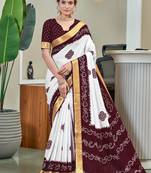 Brown soft pure cotton bandhani printed saree with printed blouse piece