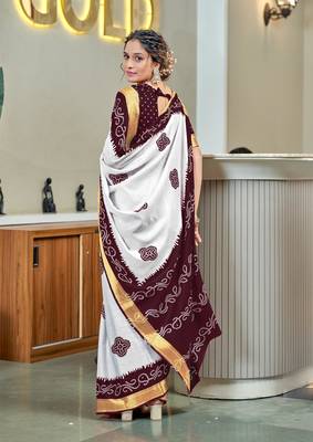 Brown soft pure cotton bandhani printed saree with printed blouse piece 2
