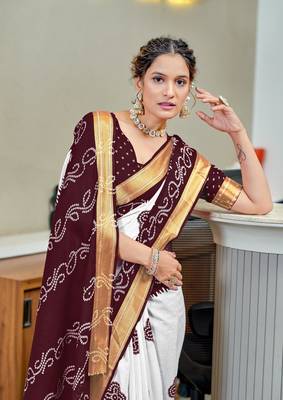 Brown soft pure cotton bandhani printed saree with printed blouse piece 3