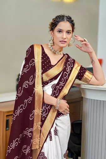 Brown soft pure cotton bandhani printed saree with printed blouse piece