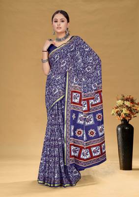 Blue soft pure cotton bagru printed saree with printed blouse piece 1