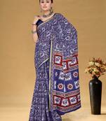 Blue soft pure cotton bagru printed saree with printed blouse piece