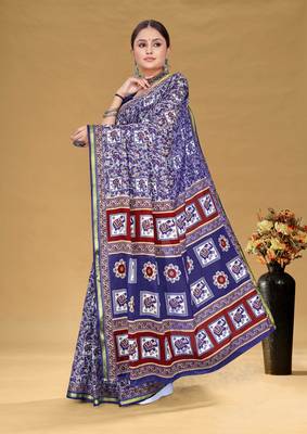 Blue soft pure cotton bagru printed saree with printed blouse piece 2