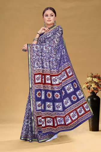 Blue soft pure cotton bagru printed saree with printed blouse piece