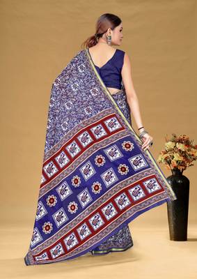Blue soft pure cotton bagru printed saree with printed blouse piece 3