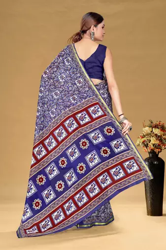 Blue soft pure cotton bagru printed saree with printed blouse piece