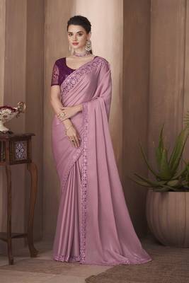 Mauve embroidery sequins work silk blend saree with blouse 1