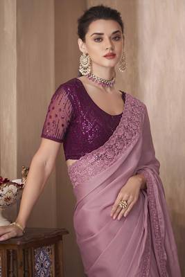 Mauve embroidery sequins work silk blend saree with blouse 2