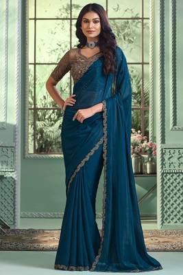 Teal blue embroidery sequins work georgette saree with blouse 1