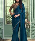 Teal blue embroidery sequins work georgette saree with blouse