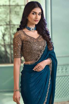 Teal blue embroidery sequins work georgette saree with blouse 2