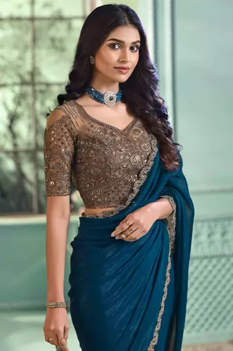 Teal blue embroidery sequins work georgette saree with blouse