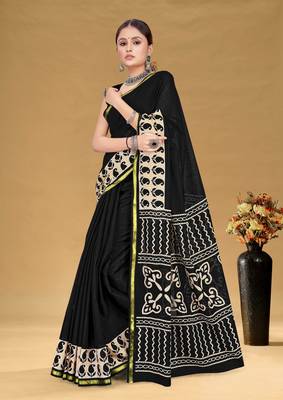 Black soft pure cotton bagru printed saree with printed blouse piece 1
