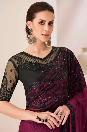 Wine embroidery sequin work georgette saree with blouse
