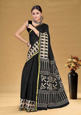 Black soft pure cotton bagru printed saree with printed blouse piece 2