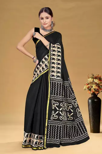 Black soft pure cotton bagru printed saree with printed blouse piece