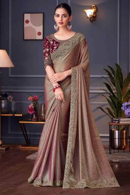 Fawn embroidery sequins work silk blend saree with blouse 1
