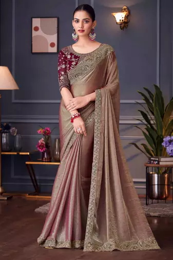 Fawn embroidery sequins work silk blend saree with blouse