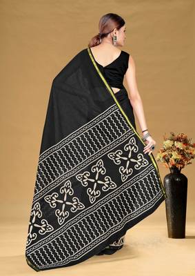 Black soft pure cotton bagru printed saree with printed blouse piece 3