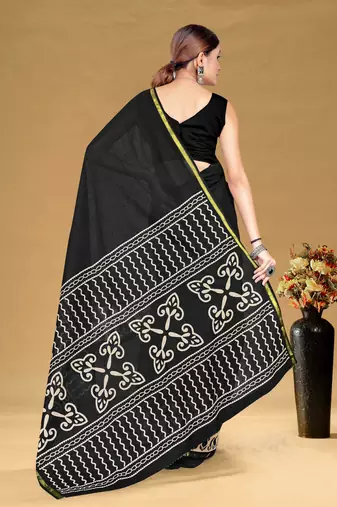 Black soft pure cotton bagru printed saree with printed blouse piece