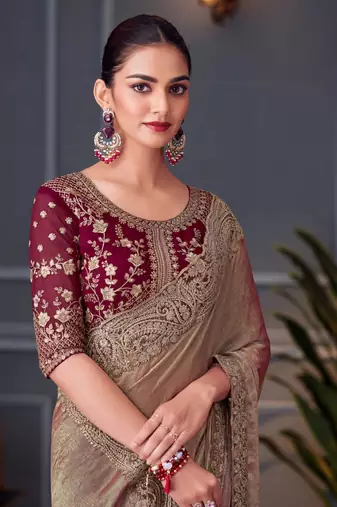 Fawn embroidery sequins work silk blend saree with blouse