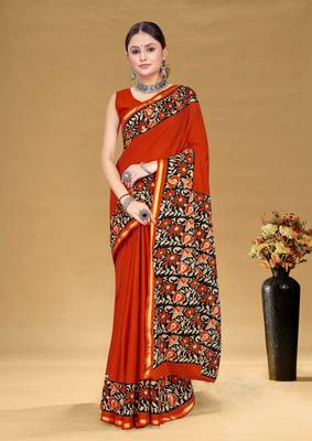 Orange soft pure cotton bagru printed saree with printed blouse piece 1