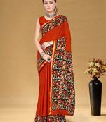 Orange soft pure cotton bagru printed saree with printed blouse piece