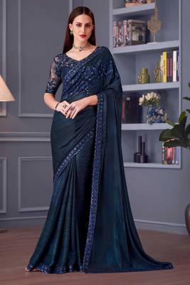 Blue embroidery sequins work silk blend saree with blouse 1