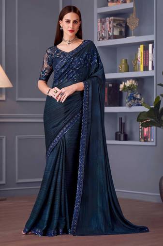 Blue embroidery sequins work silk blend saree with blouse