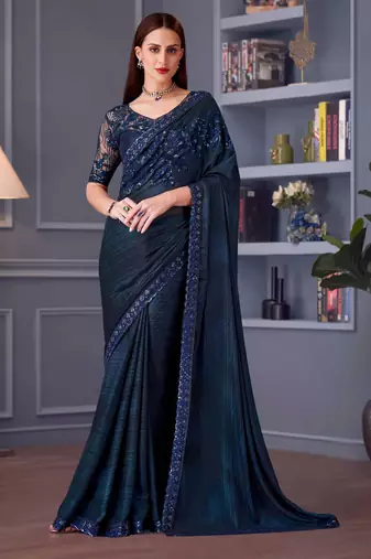 Blue embroidery sequins work silk blend saree with blouse