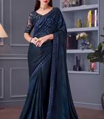 Blue embroidery sequins work silk blend saree with blouse