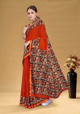 Orange soft pure cotton bagru printed saree with printed blouse piece 2