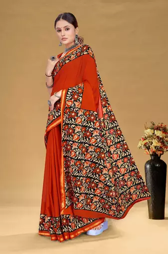 Orange soft pure cotton bagru printed saree with printed blouse piece