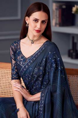 Blue embroidery sequins work silk blend saree with blouse 2