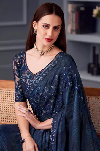 Blue embroidery sequins work silk blend saree with blouse
